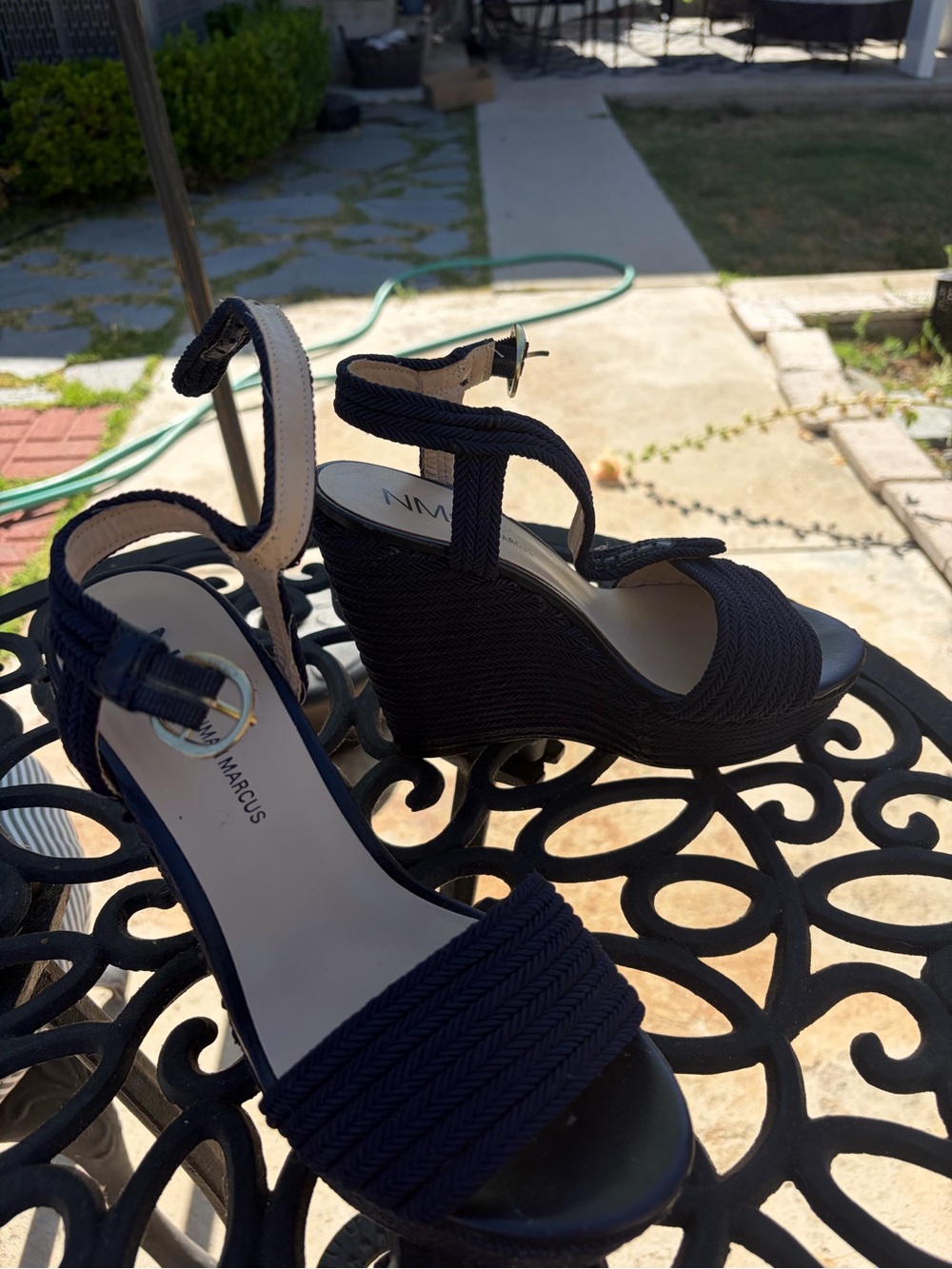 Neiman Marcus Navy Braided Rope Wedge Sandals - Women